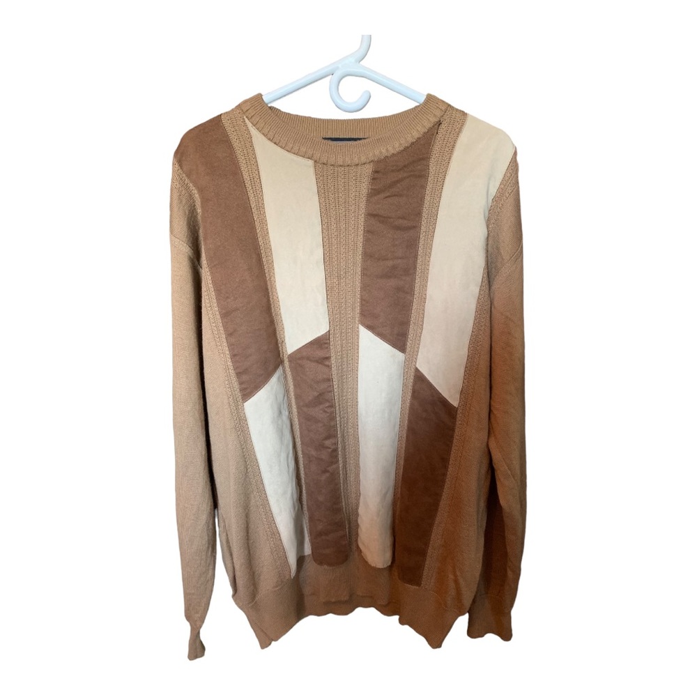 Vintage Platinum Mode Men’s Striped Faux Suede Patchwork Sweater XXL